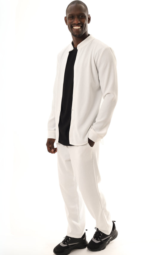 ENSEMBLE PLISSÉ CHEMISE COL MAO ET PANTALON - BLANC