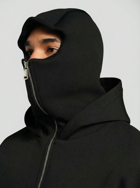 Hoodie Masque Zip Intégral – Noir