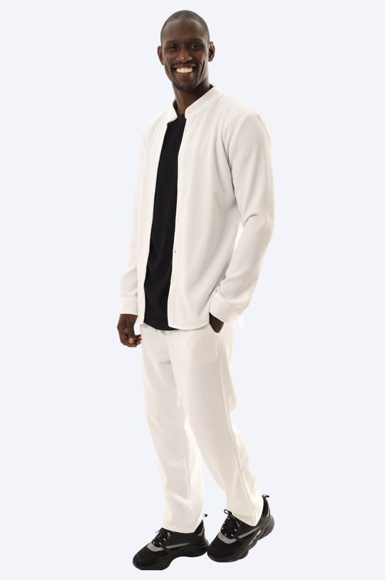 ENSEMBLE PLISSÉ CHEMISE COL MAO ET PANTALON - BLANC