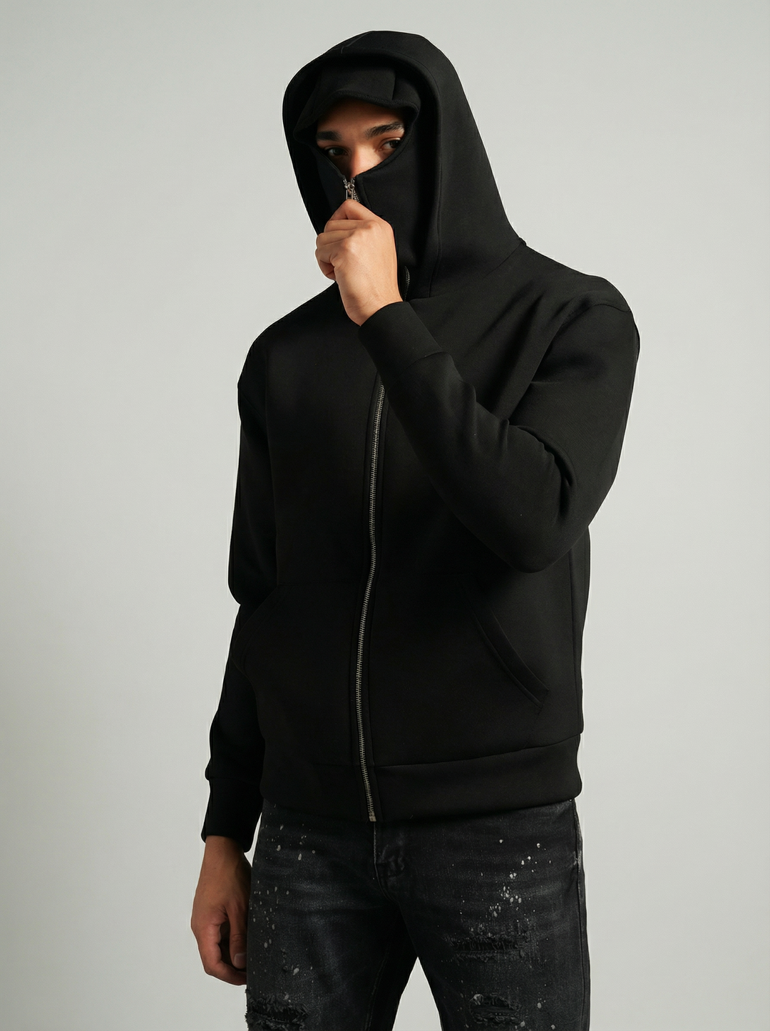Hoodie Masque Zip Intégral – Noir