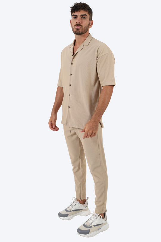 ENSEMBLE EN COTON CÔTELÉ CHEMISE ET PANTALON - BEIGE