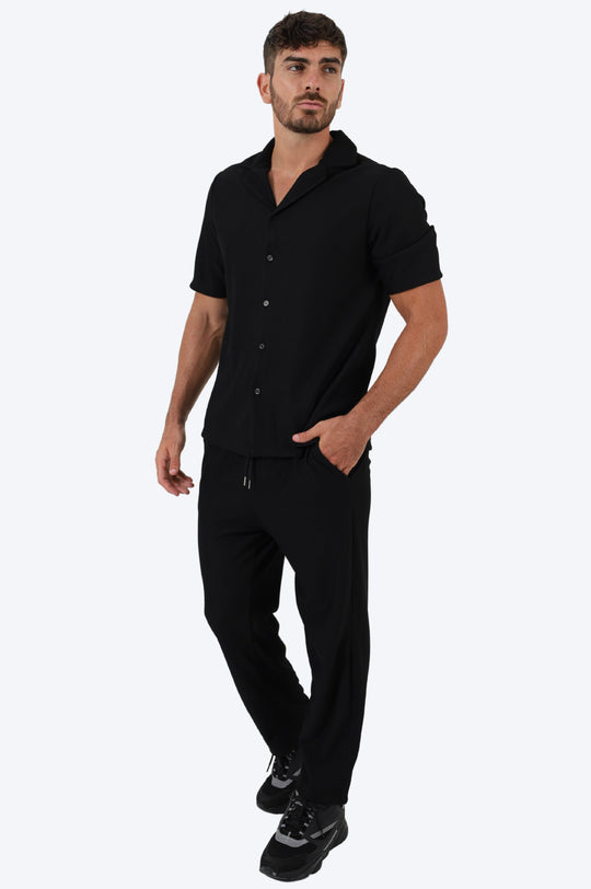 ENSEMBLE EN COTON CÔTELÉ CHEMISE ET PANTALON - NOIR