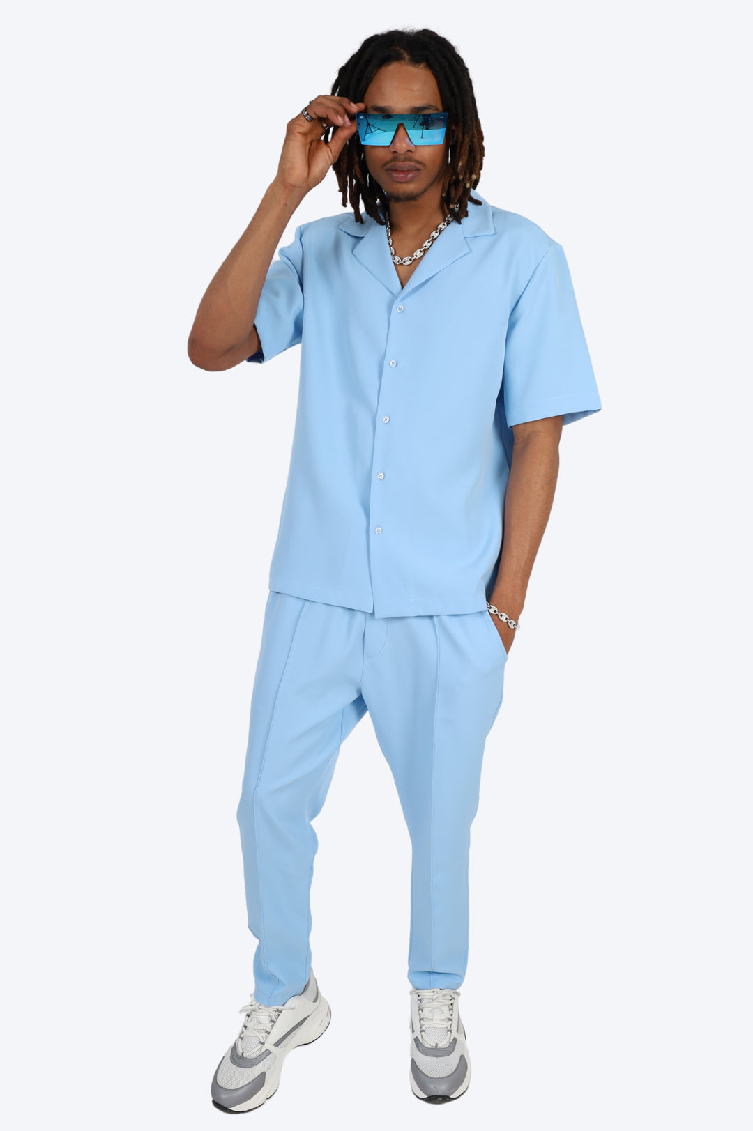 CHEMISE MANCHE COURTE ET PANTALON ASSORTI - BLEU CIEL