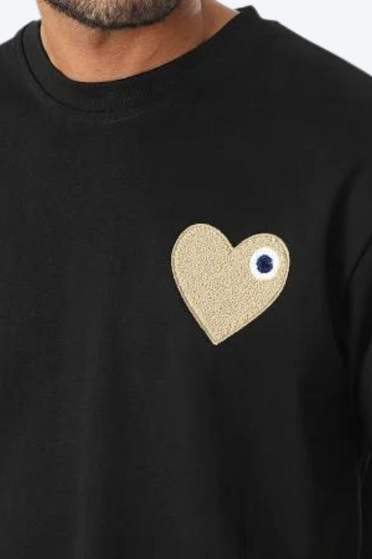 T-SHIRT BRODÉ COEUR BEIGE 100% COTON - NOIR