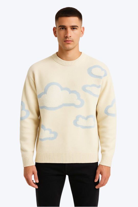 Pull Oversize Unisexe Motif Nuages - Beige