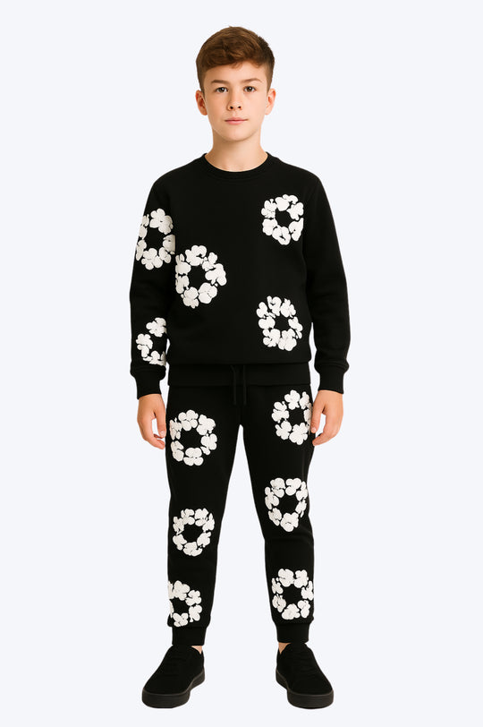 Ensemble Jogging Enfant Motifs Floraux - NOIR