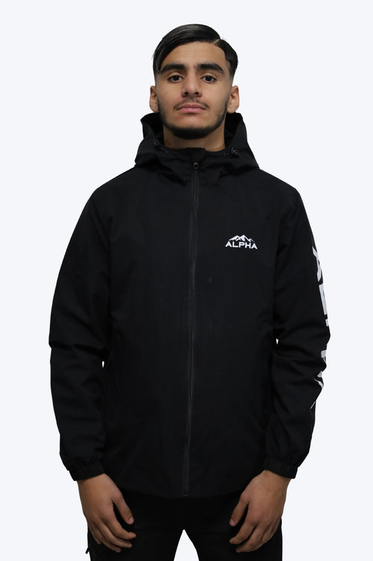 Coupe-Vent Homme Noir ALPHA avec Capuche et Imprimé Blanc
