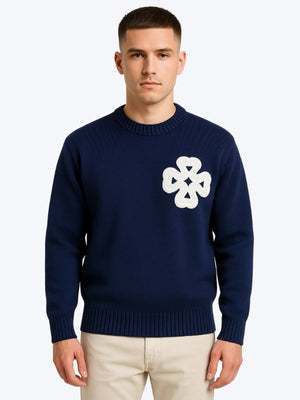 Pull Trèfle Tricot graphique brodé - BLEU MARINE