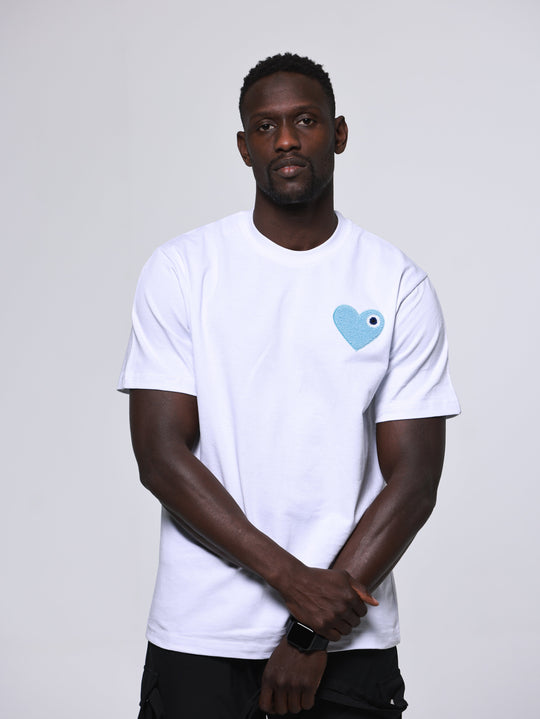 T-SHIRT BRODÉ COEUR BLEU 100% COTON - BLANC