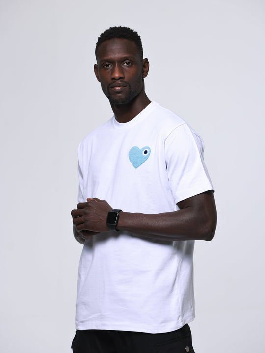 T-SHIRT BRODÉ COEUR BLEU 100% COTON - BLANC