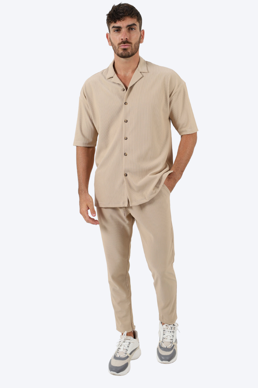 ENSEMBLE EN COTON CÔTELÉ CHEMISE ET PANTALON - BEIGE