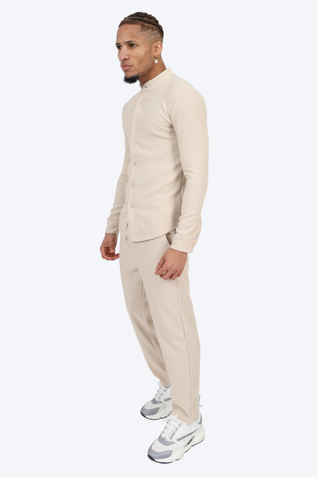 ENSEMBLE PLISSÉ CHEMISE COL MAO ET PANTALON - BEIGE