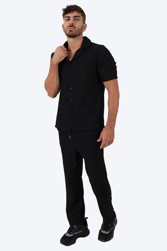 ENSEMBLE EN COTON CÔTELÉ CHEMISE ET PANTALON - NOIR