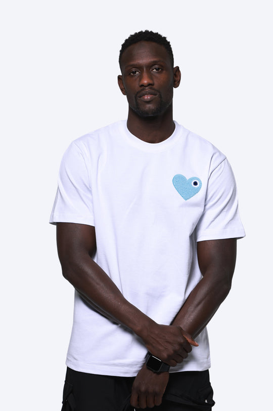 T-SHIRT BRODÉ COEUR BLEU 100% COTON - BLANC