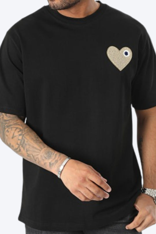 T-SHIRT BRODÉ COEUR BEIGE 100% COTON - NOIR