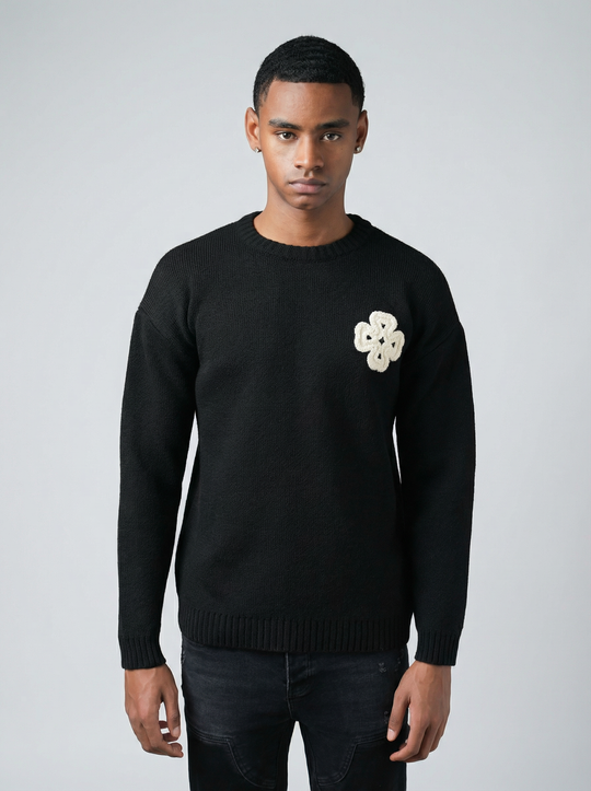 Pull Trèfle Tricot graphique brodé - NOIR