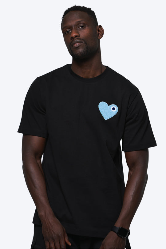 T-SHIRT BRODÉ COEUR BLEU 100% COTON - NOIR