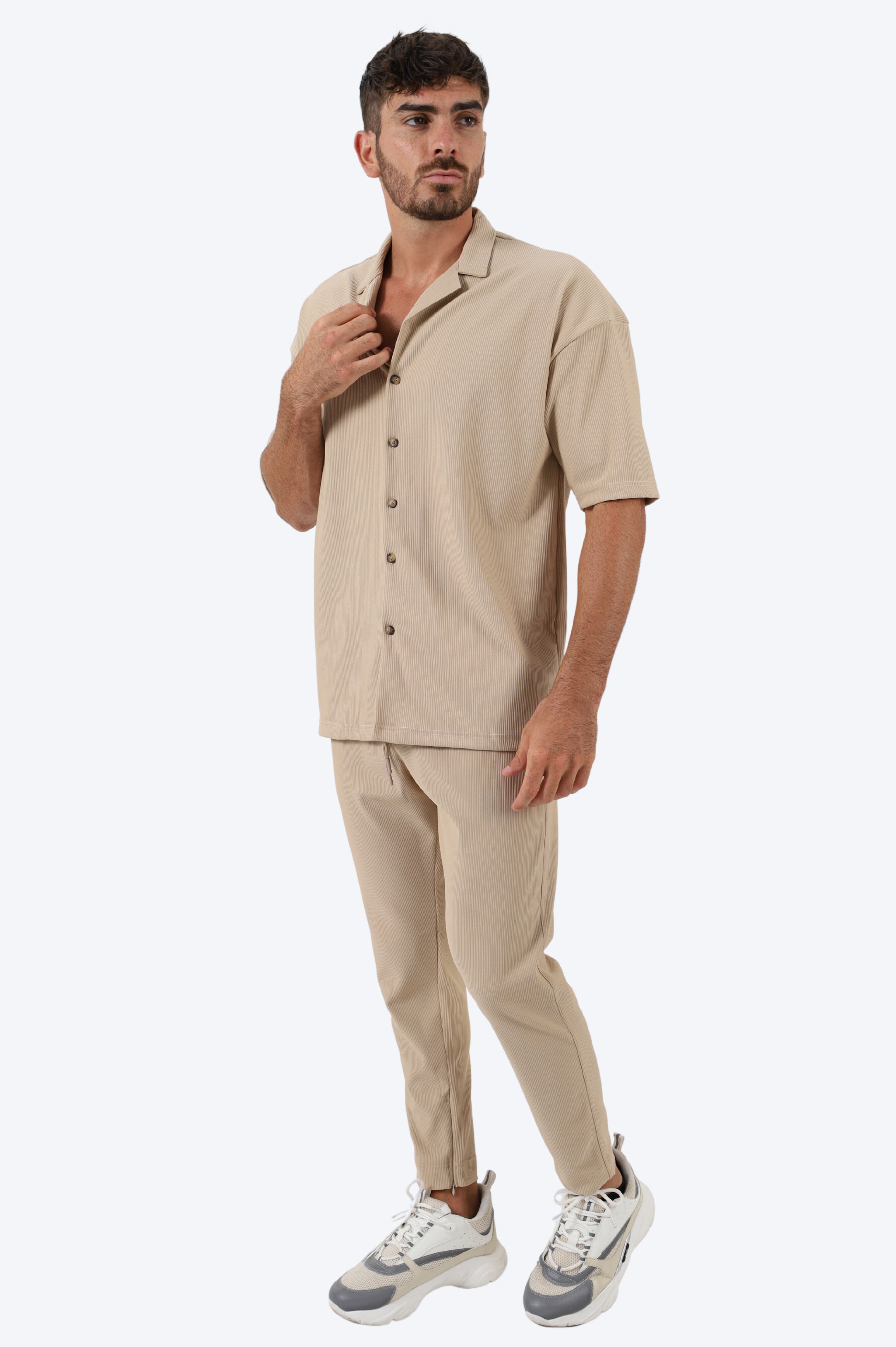 ENSEMBLE EN COTON COTELE CHEMISE ET PANTALON BEIGE Alpha