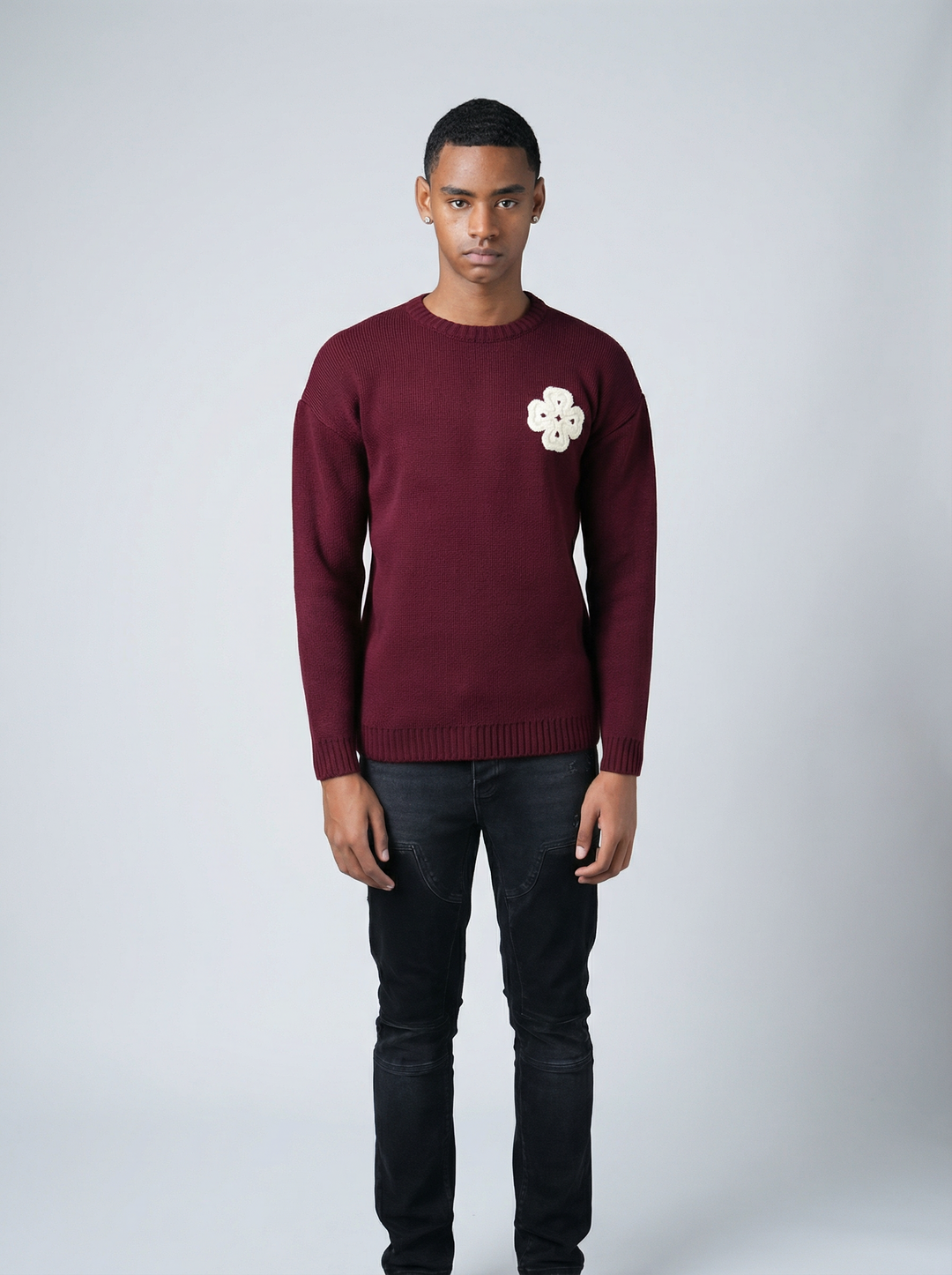 Pull Trèfle Tricot graphique brodé - Bordeaux