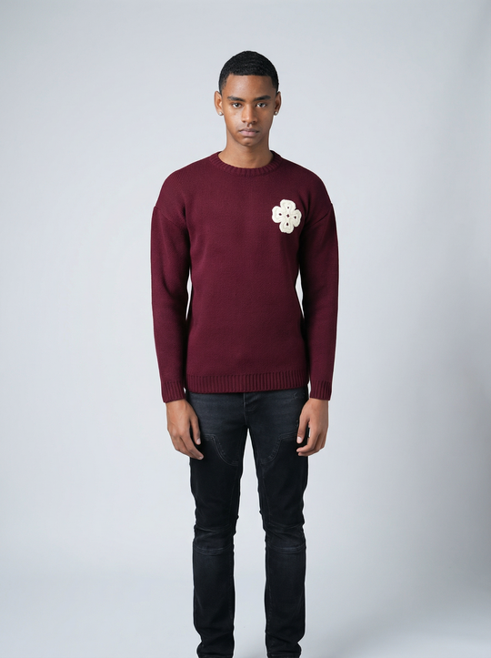 Pull Trèfle Tricot graphique brodé - Bordeaux