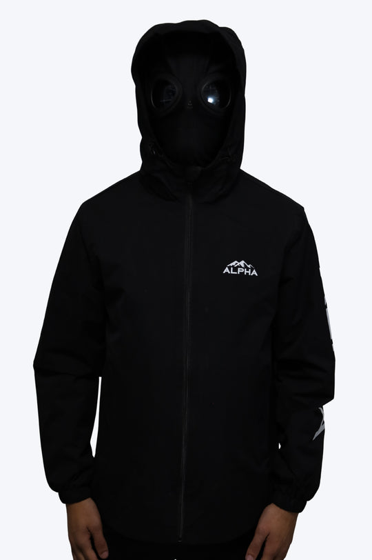 Coupe-Vent Homme Noir ALPHA avec Capuche et Imprimé Blanc