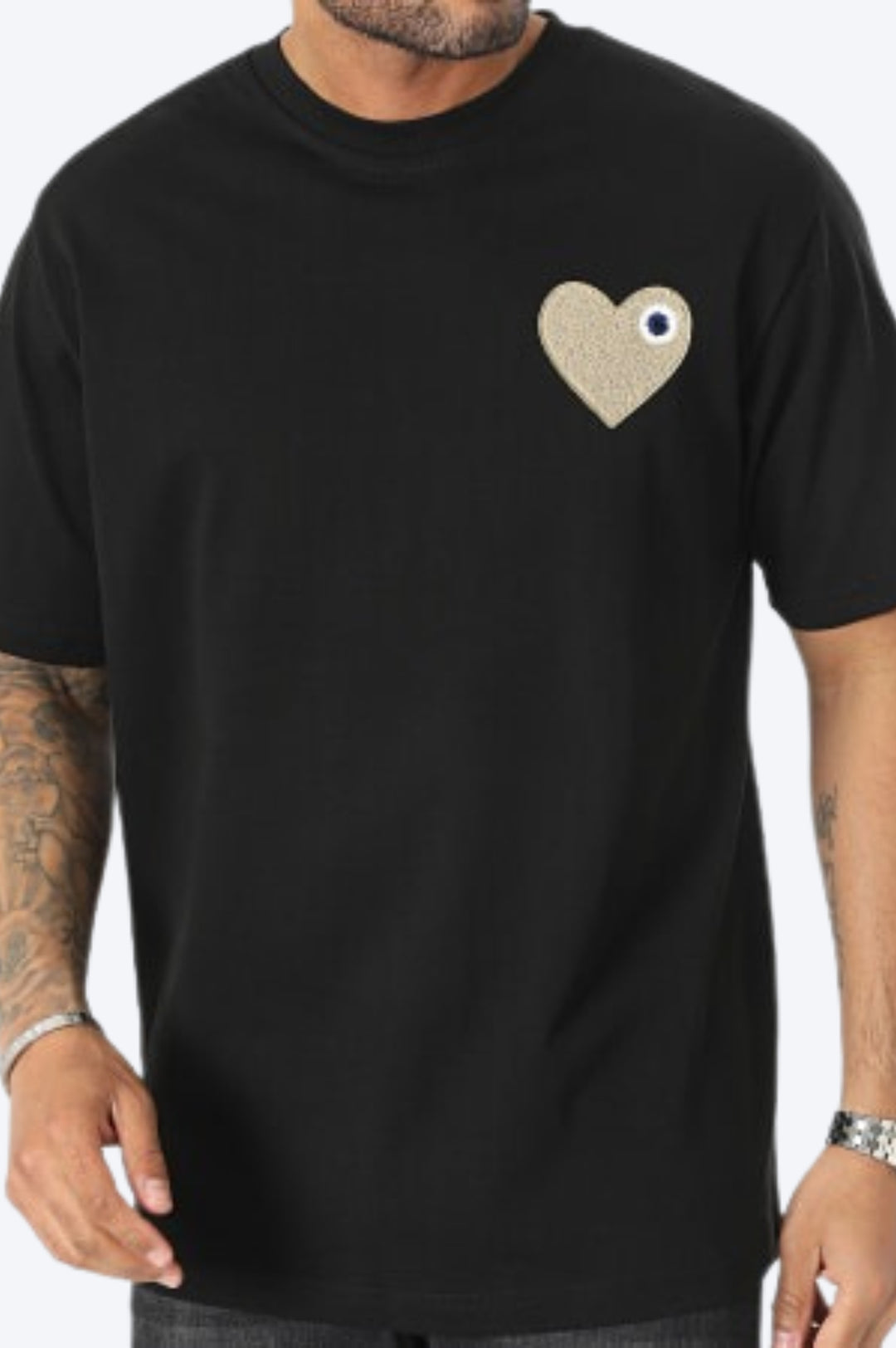 T-SHIRT BRODÉ COEUR BEIGE 100% COTON - NOIR