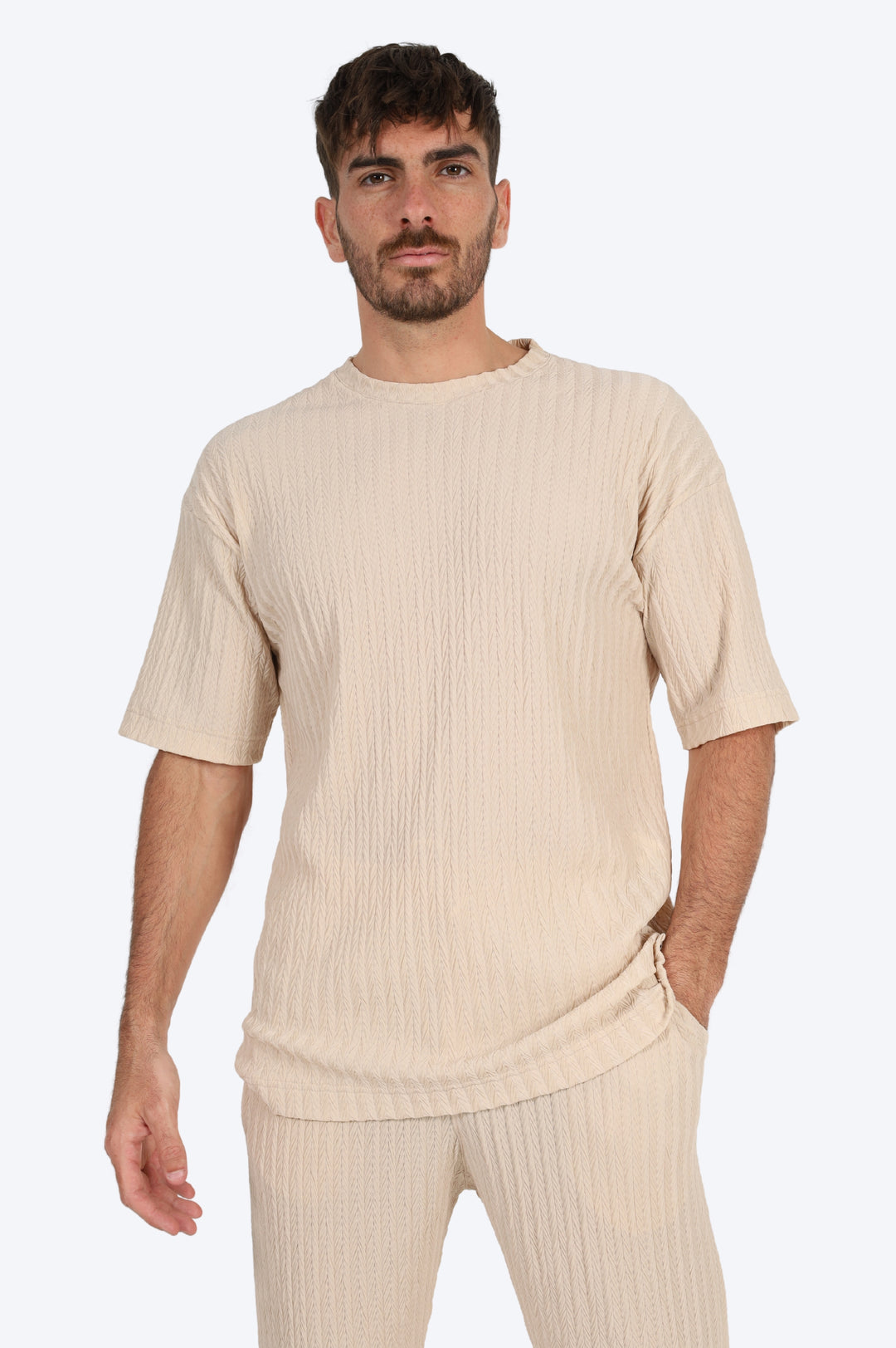 ENSEMBLE T SHIRT DÉCONTRACTÉ EN MAILLE CÔTELÉE - BEIGE