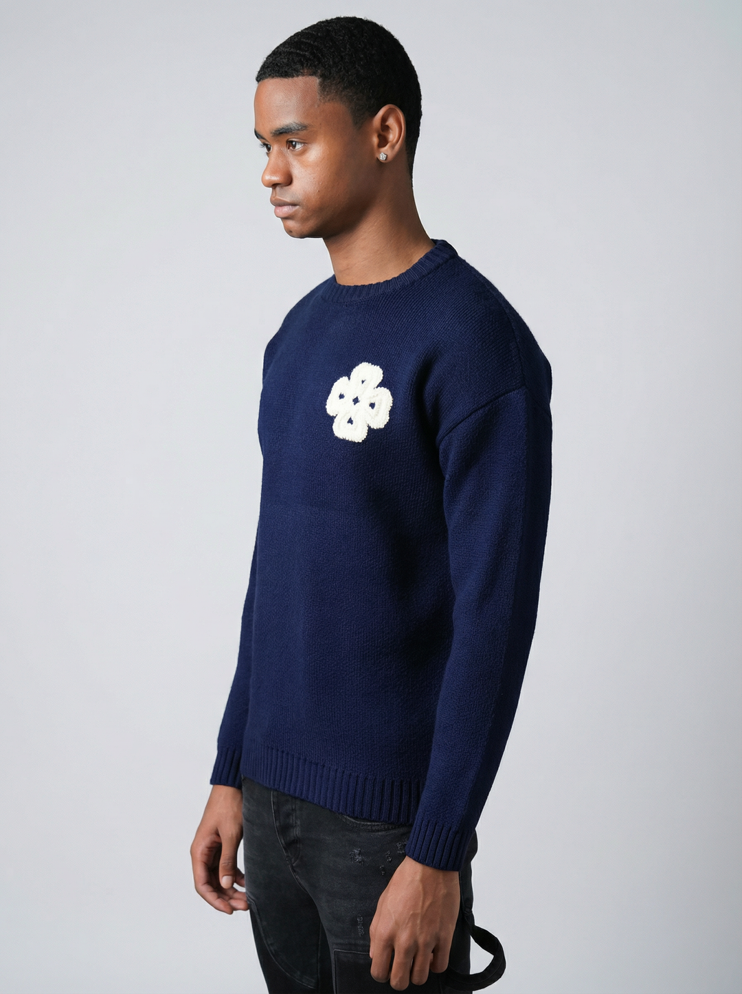 Pull Trèfle Tricot graphique brodé - BLEU MARINE