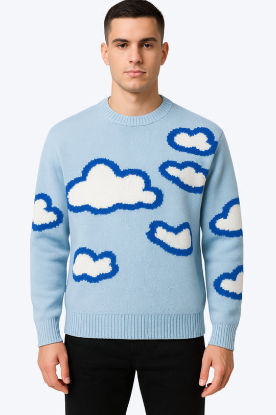 Pull Oversize Unisexe Motif Nuages - Bleu