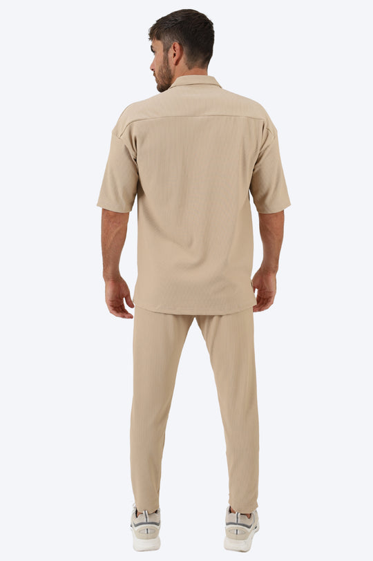 ENSEMBLE EN COTON CÔTELÉ CHEMISE ET PANTALON - BEIGE