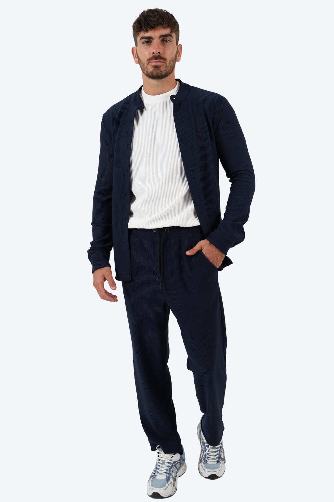 ENSEMBLE PLISSÉ CHEMISE COL MAO ET PANTALON - BLEU