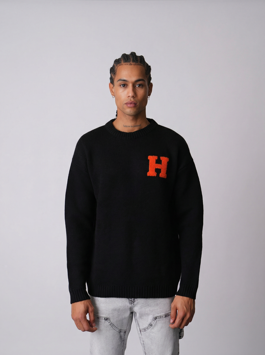 Pull "Harvard Style" Lettre H Brodée - NOIR