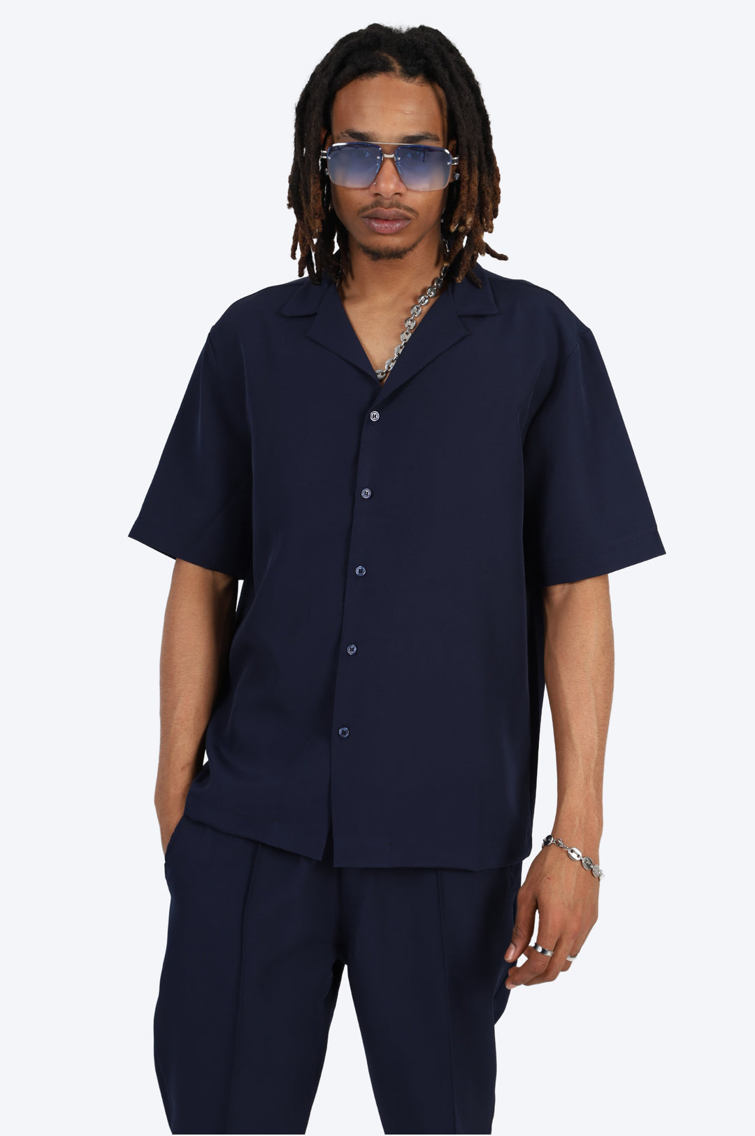 CHEMISE MANCHE COURTE ET PANTALON ASSORTI - BLEU MARINE