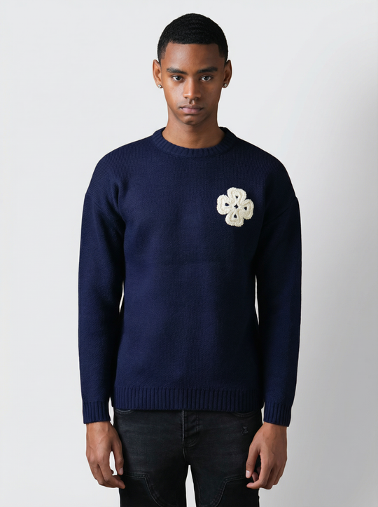Pull Trèfle Tricot graphique brodé - BLEU MARINE