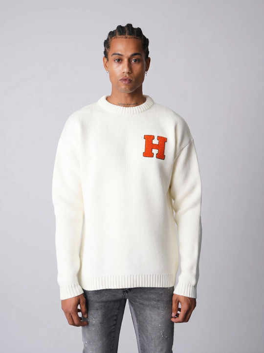 Pull "Harvard Style" Lettre H Brodée - BLANC