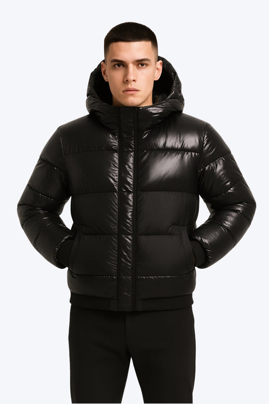 Doudoune Noire Homme Brillante avec Capuche