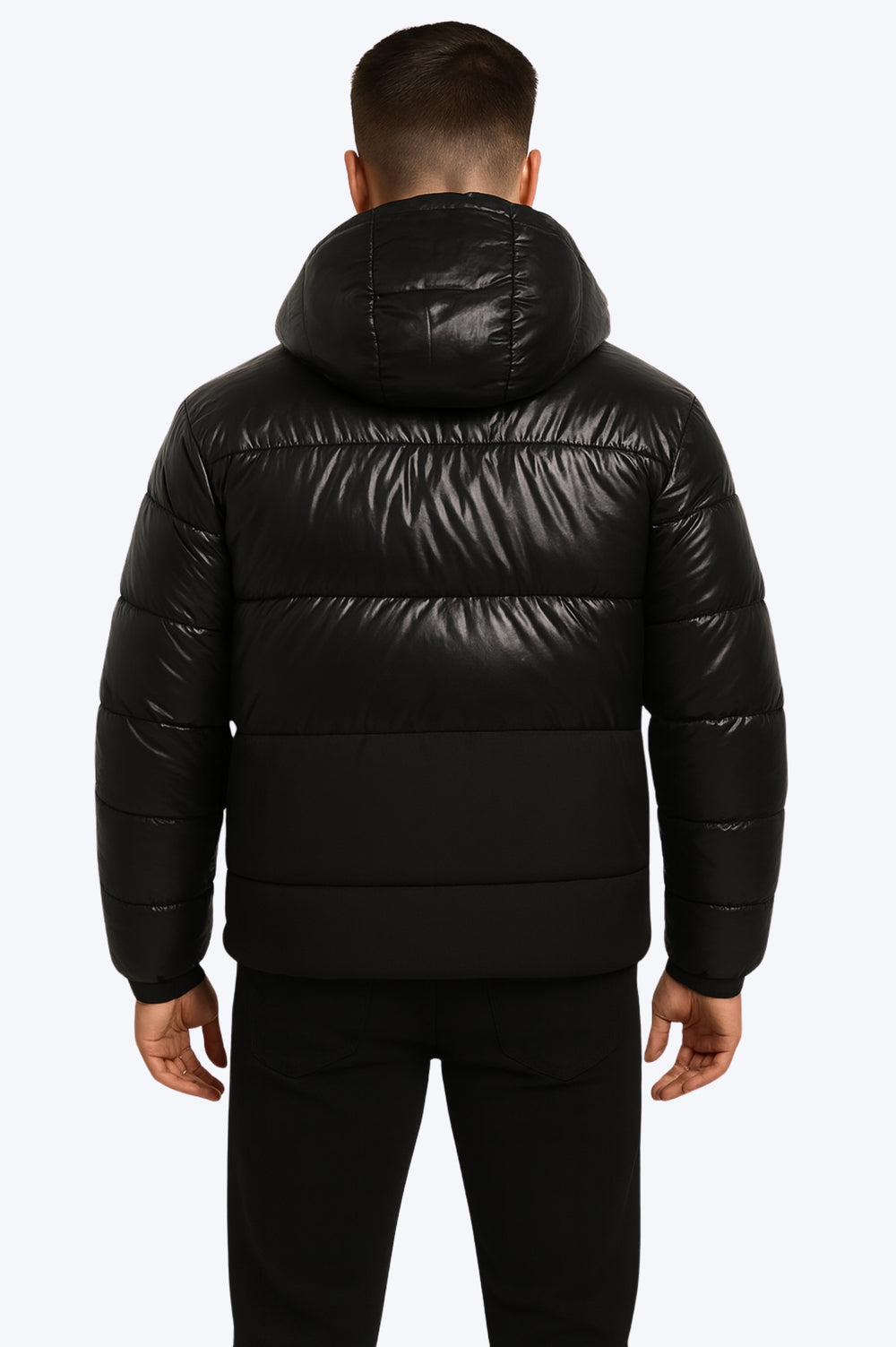 Doudoune Noire Homme Brillante avec Capuche