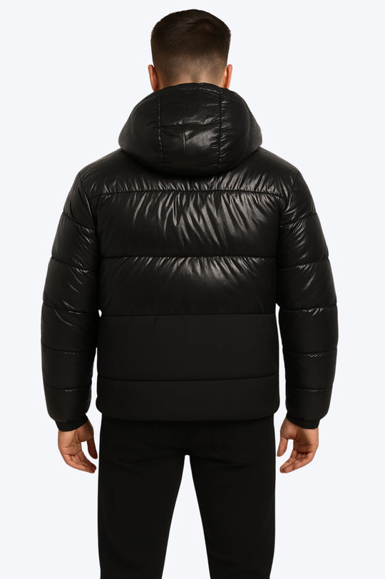 Doudoune Noire Homme Brillante avec Capuche