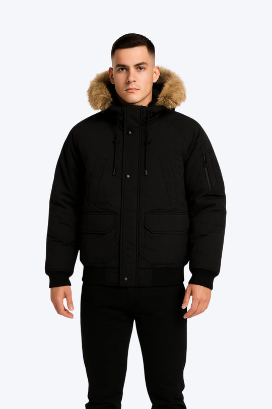 Doudoune Homme Hiver Noire à Capuche Fourrure