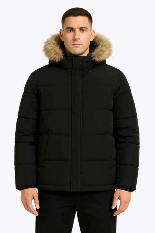 Doudoune Noire Homme Capuche Fourrure - Confort Thermique