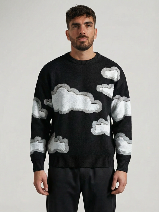 Pull Oversize Unisexe Motif Nuages - Noir