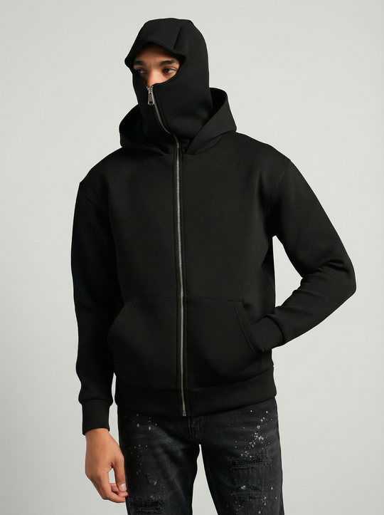 Hoodie Masque Zip Intégral – Noir