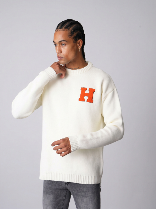 Pull "Harvard Style" Lettre H Brodée - BLANC