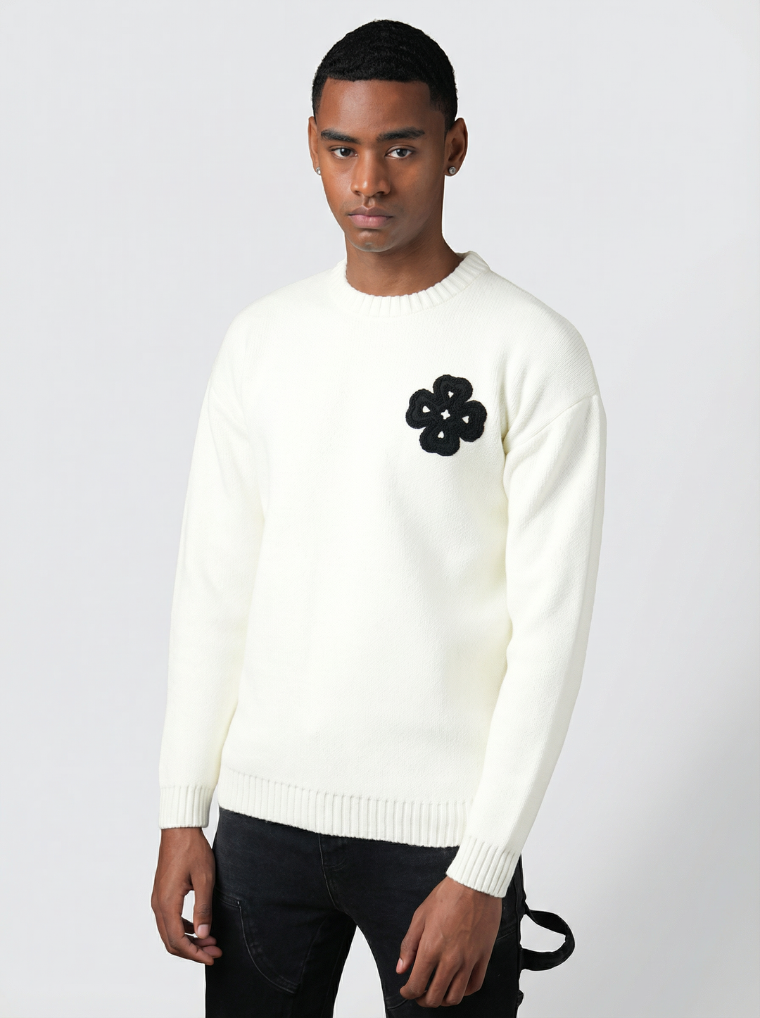 Pull Trèfle Tricot graphique brodé - BLANC