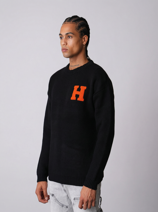 Pull "Harvard Style" Lettre H Brodée - NOIR