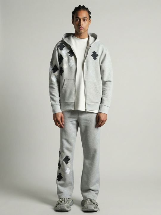 Ensemble Survêtement à Capuche Veste & Pantalon Motifs Streetwear - GRIS