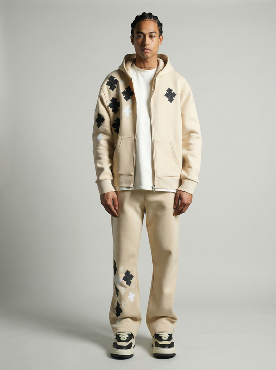 Ensemble Survêtement à Capuche Veste & Pantalon Motifs Streetwear - BEIGE
