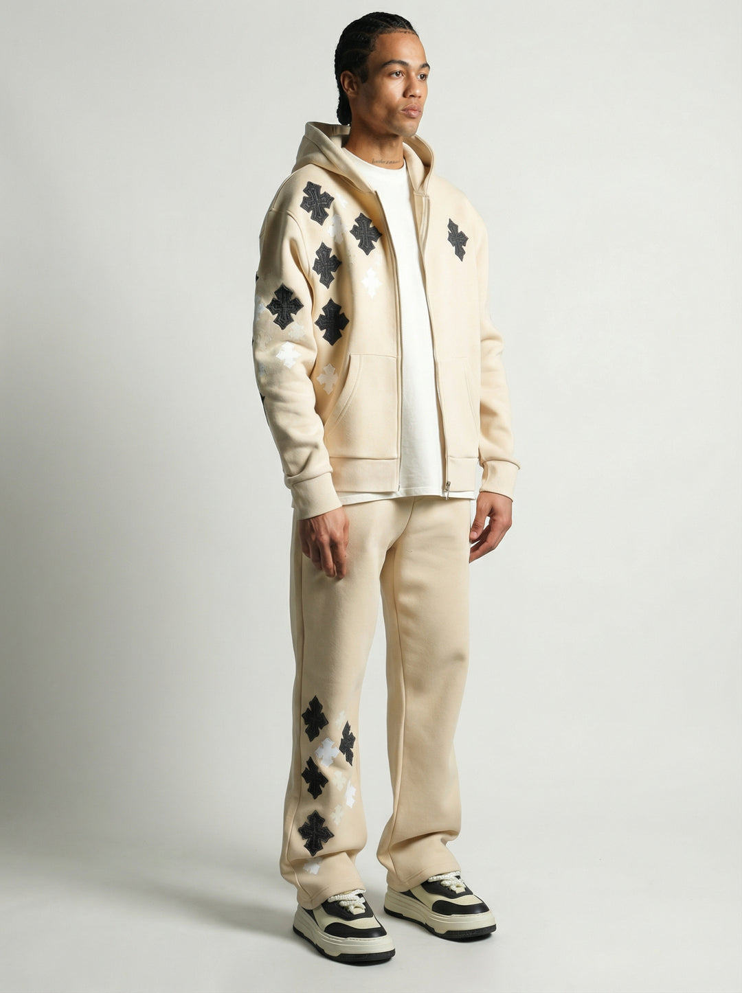 Ensemble Survêtement à Capuche Veste & Pantalon Motifs Streetwear - BEIGE