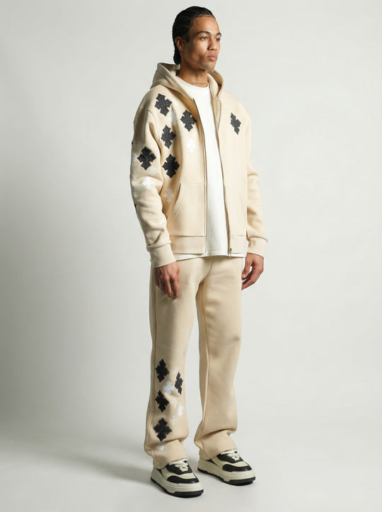 Ensemble Survêtement à Capuche Veste & Pantalon Motifs Streetwear - BEIGE