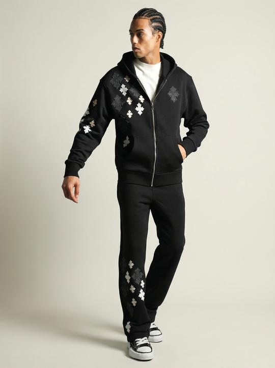 Ensemble Survêtement à Capuche Veste & Pantalon Motifs Streetwear - NOIR